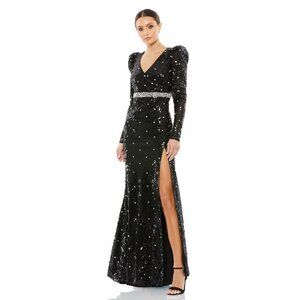 Mac Duggal Sequined Faux Wrap Puff Sleeve Trumpet Black Gown 8 #8523